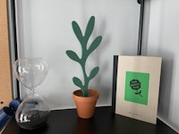 a cactus on a shelf next to a clock and a book