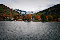 a lake with a mountain in the background