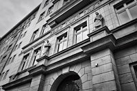 a black and white photo of an old building